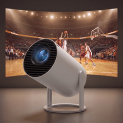 Dunk Projector projecting a basketball game onto a large wall screen in a dark room