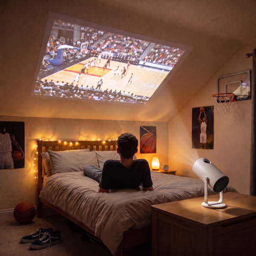 Dunk Projector on a bedside table projecting a basketball game onto a bedroom ceiling